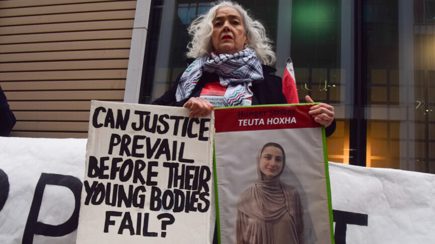 A protester holds a picture of Teuta ‘T’ Hoxha during a demonstration outside the Department of Health in solidarity with pro-Palestine activists who are on hunger strike in prison, 17 December 2025, London, England. Vuk Valcic/ZUMA Press Wire