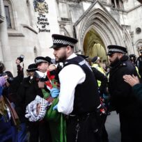 Police arrest a protester in London as the Judicial Review challenging the proscription of Palestine Action gets underway in November. Photo: Joao Daniel Pereira/Sipa USA