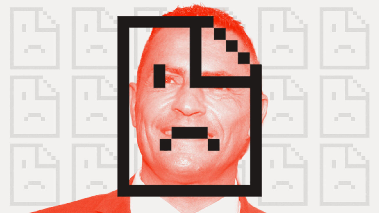 A man in red is overlaid by a frowning page symbol that loads when a page is missing on the internet