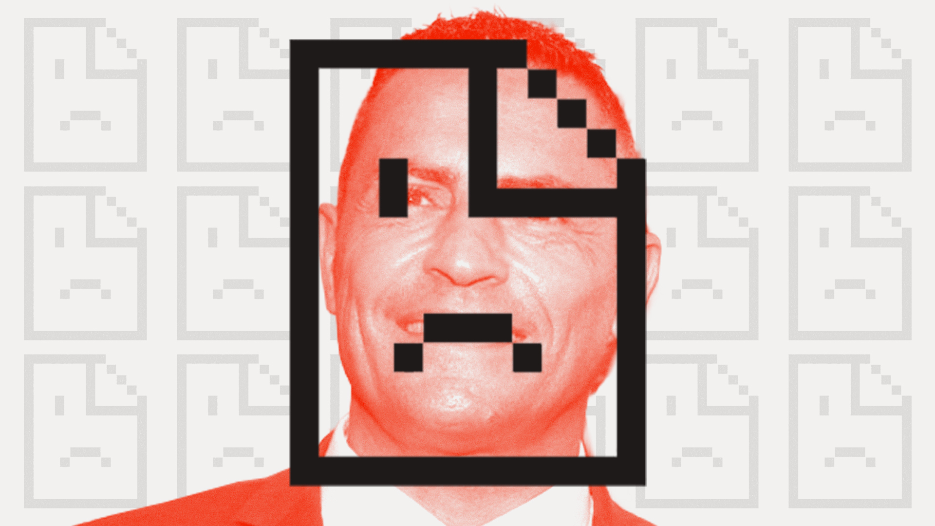 A man in red is overlaid by a frowning page symbol that loads when a page is missing on the internet