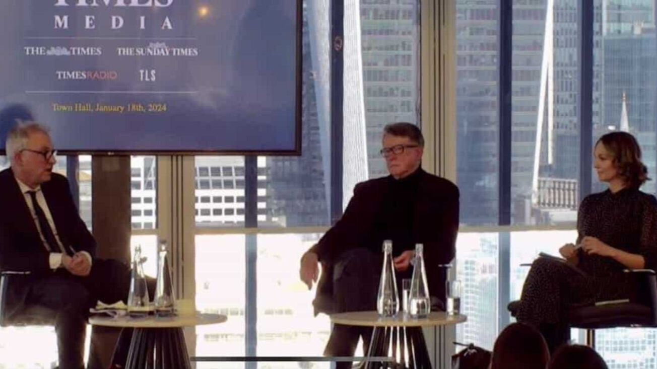 Peter Mandelson (centre) speaking at a "town hall" meeting at the Times in January 2024. Photo: Novara Media