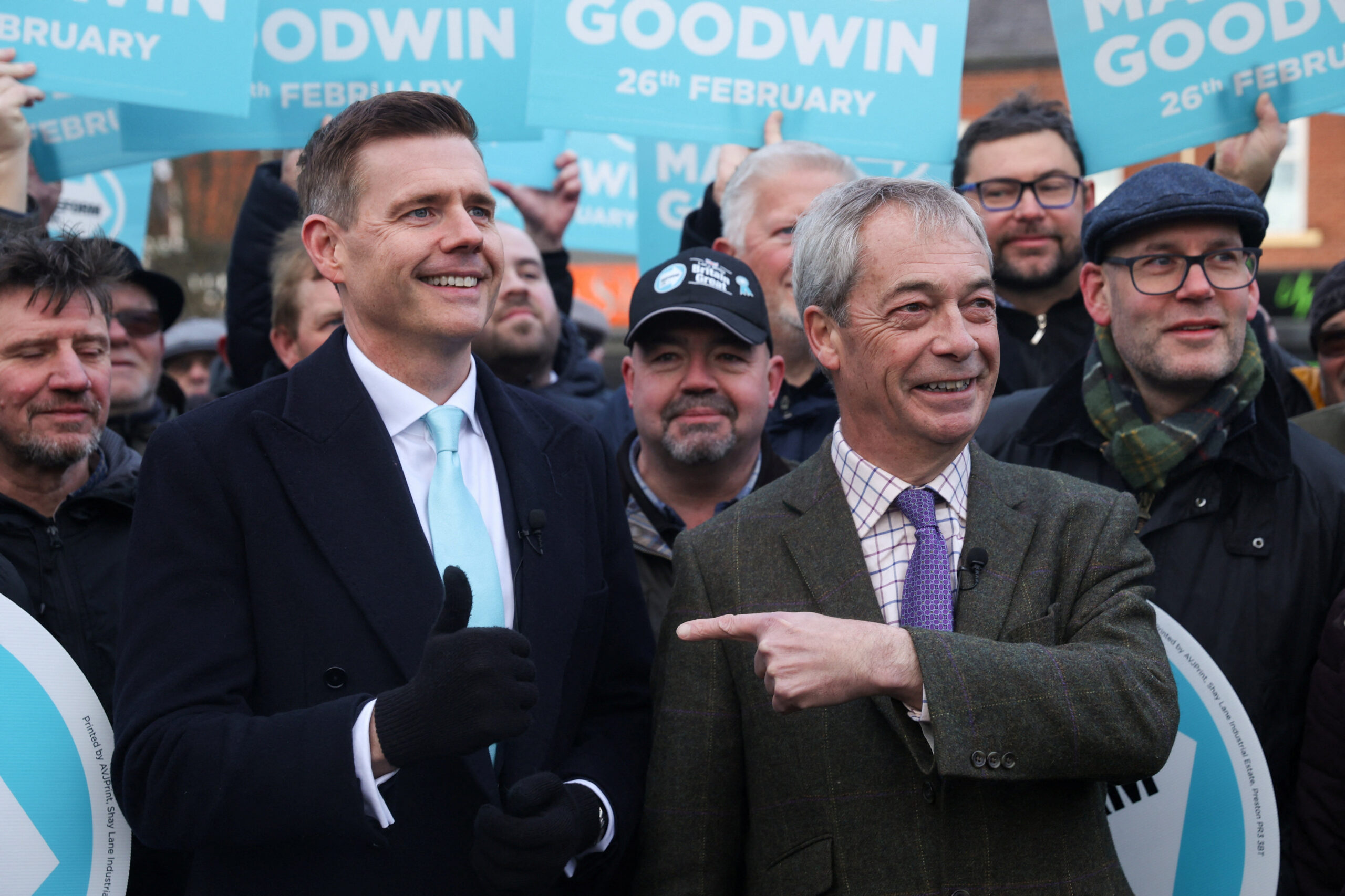 Matthew Goodwin and Nigel Farage campaigning in Denton in January. REUTERS/Temilade Adelaja
