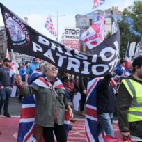 Bristol Patriots gather at the Cenotaph in Bristol, to protest against immigration on 5 October 2025. Photo: JMF News/Alamy Live News