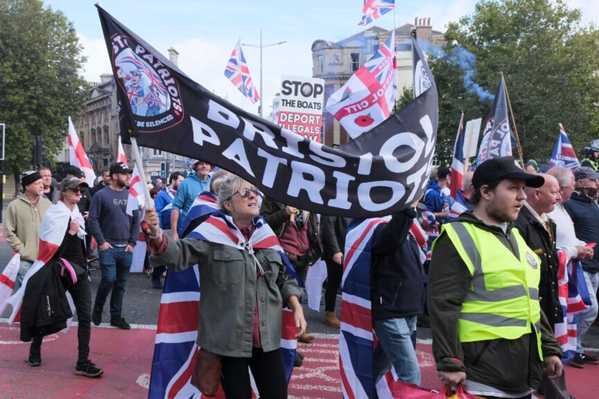 Bristol Patriots gather at the Cenotaph in Bristol, to protest against immigration on 5 October 2025. Photo: JMF News/Alamy Live News