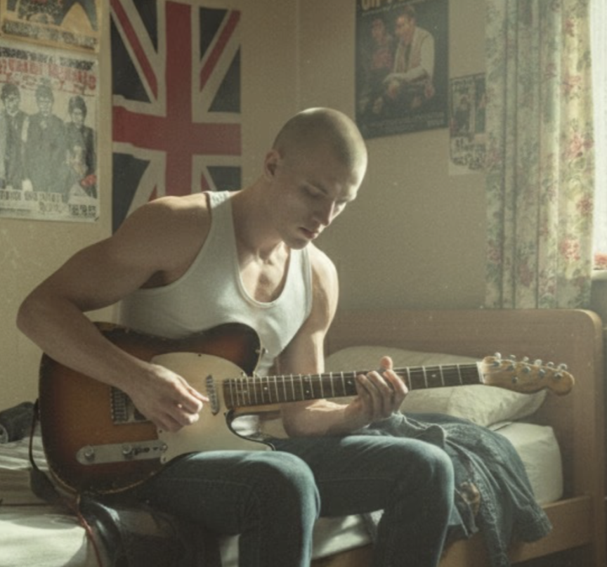 Danny Bones plays his guitar in an AI generated image. Image: The Node Project