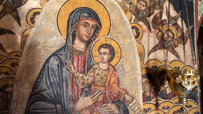 Mid-18th century fresco depicting the Virgin Mary and child Christ in the church of Agios Giorgos in Proastio, Outer Mani, Greece. Alamy/Reuters