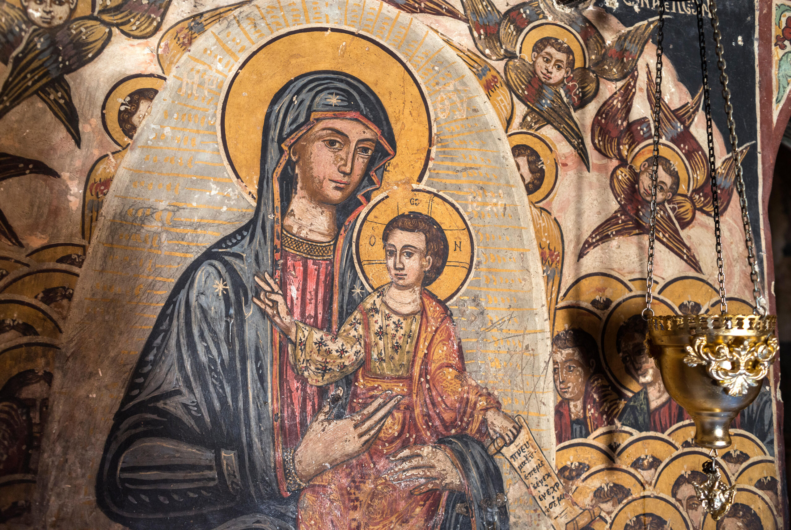 Mid-18th century fresco depicting the Virgin Mary and child Christ in the church of Agios Giorgos in Proastio, Outer Mani, Greece. Alamy/Reuters