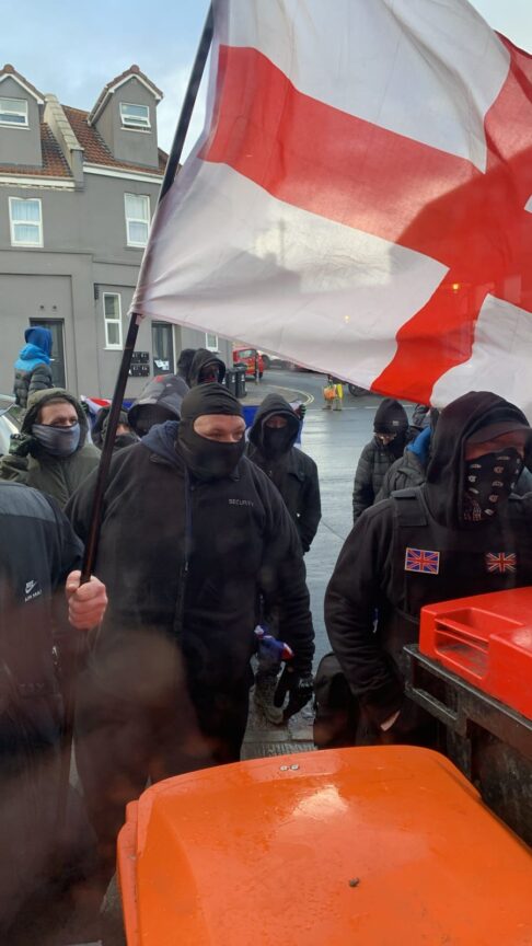 Mask-wearing Bristol Patriots outside the Red Lion in Eastonm, Bristol on Sunday 15 February. Photo: Supplied