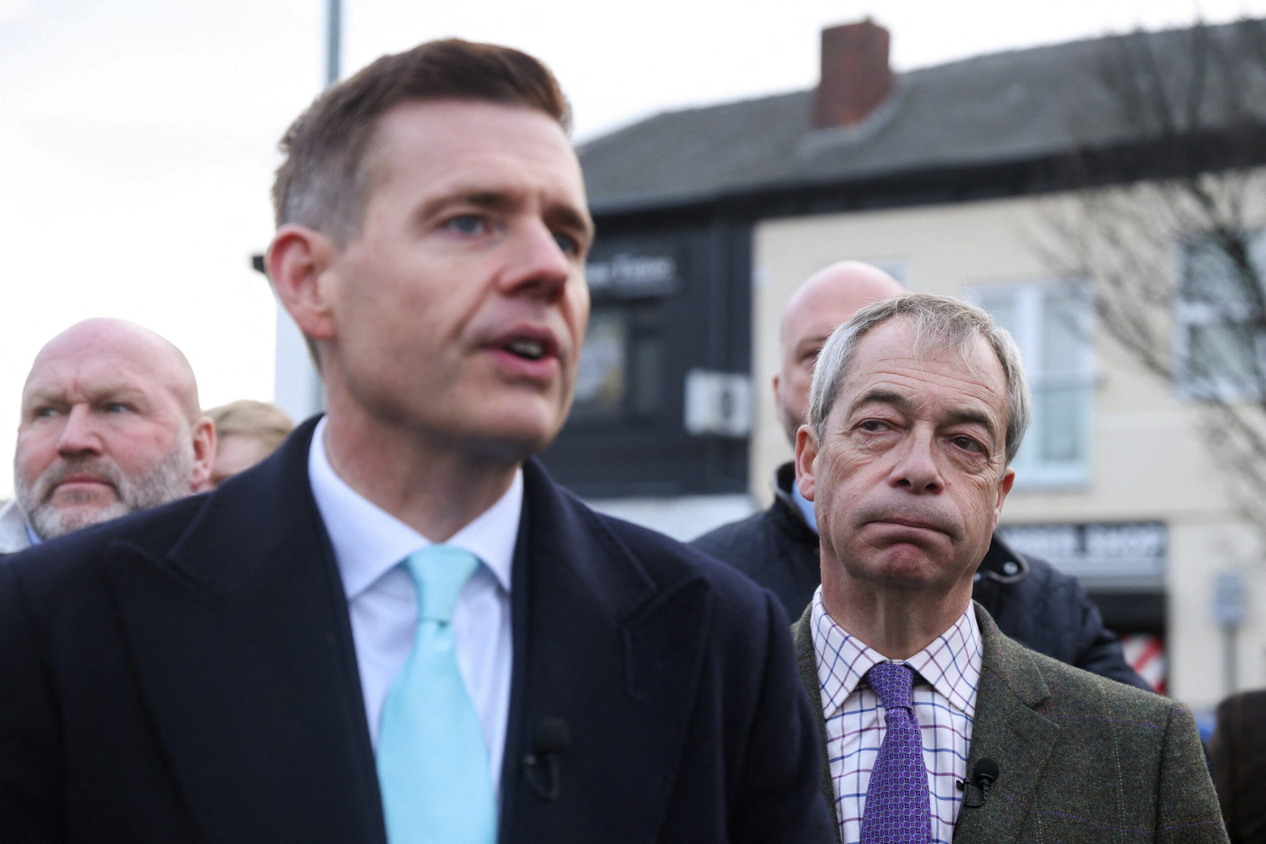 Matt Goodwin with Reform leader Nigel Farage on the campaign trail in Gorton and Denton in January. Photo: Reuters/Temilade Adelaja