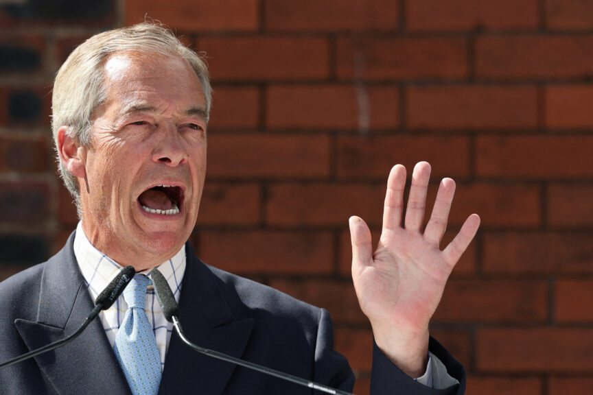 Nigel Farage speaks at a conference in Makerfield. Photo: Reuters/Temilade Adelaja