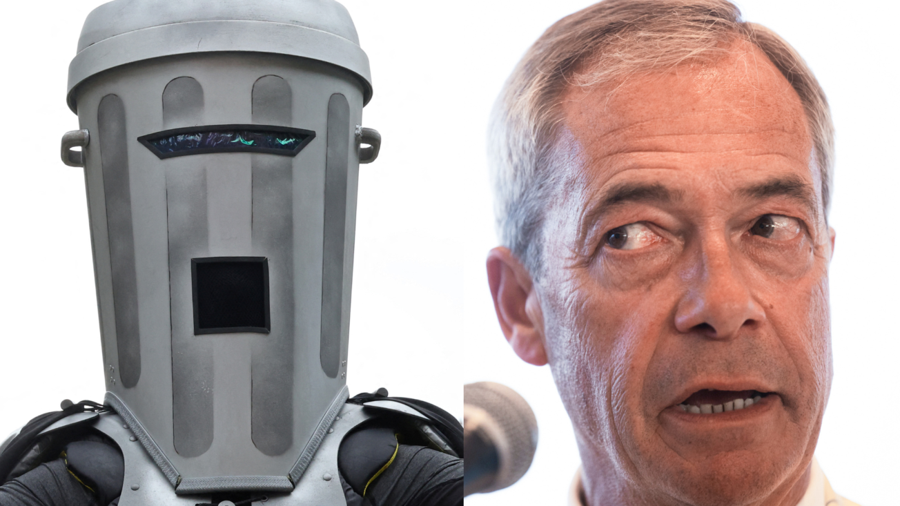 Count Binface and Nigel Farage. Photos: REUTERS/Toby Melville, Mattie Neretin /Sipa USA