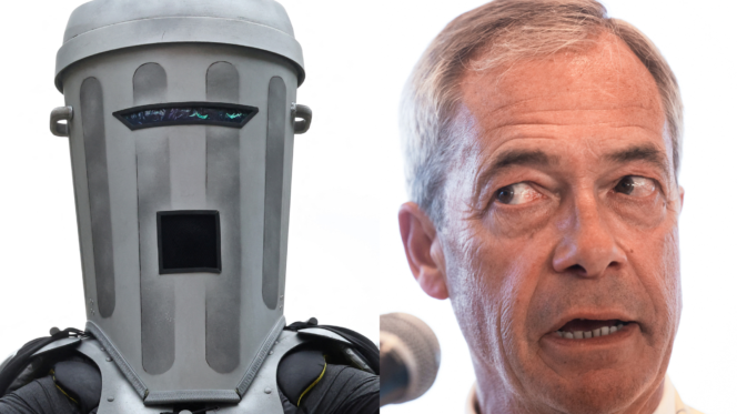 Count Binface and Nigel Farage. Photos: REUTERS/Toby Melville, Mattie Neretin /Sipa USA
