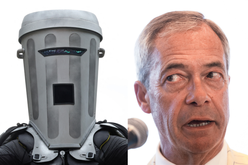 Count Binface and Nigel Farage. Photos: REUTERS/Toby Melville, Mattie Neretin /Sipa USA
