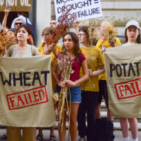 Protesters hold signs reading