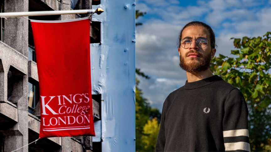 split image of a flag and a man