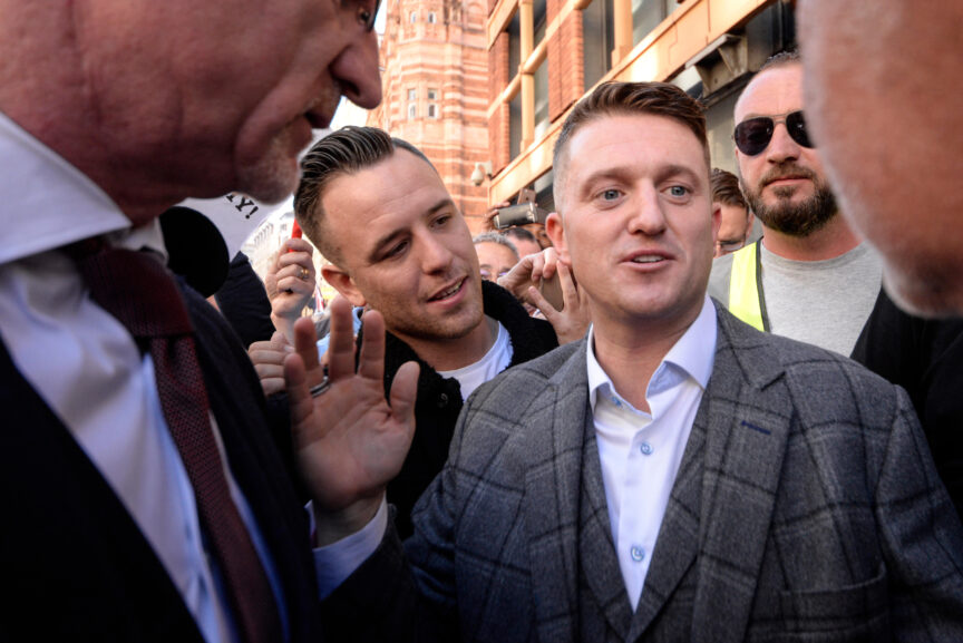 Donny Tommo at Tommy Robinson's right hand outside the Old Bailey in 2018. Photo: Avpics