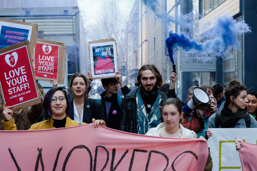 higher education staff and student take part in a protest march
